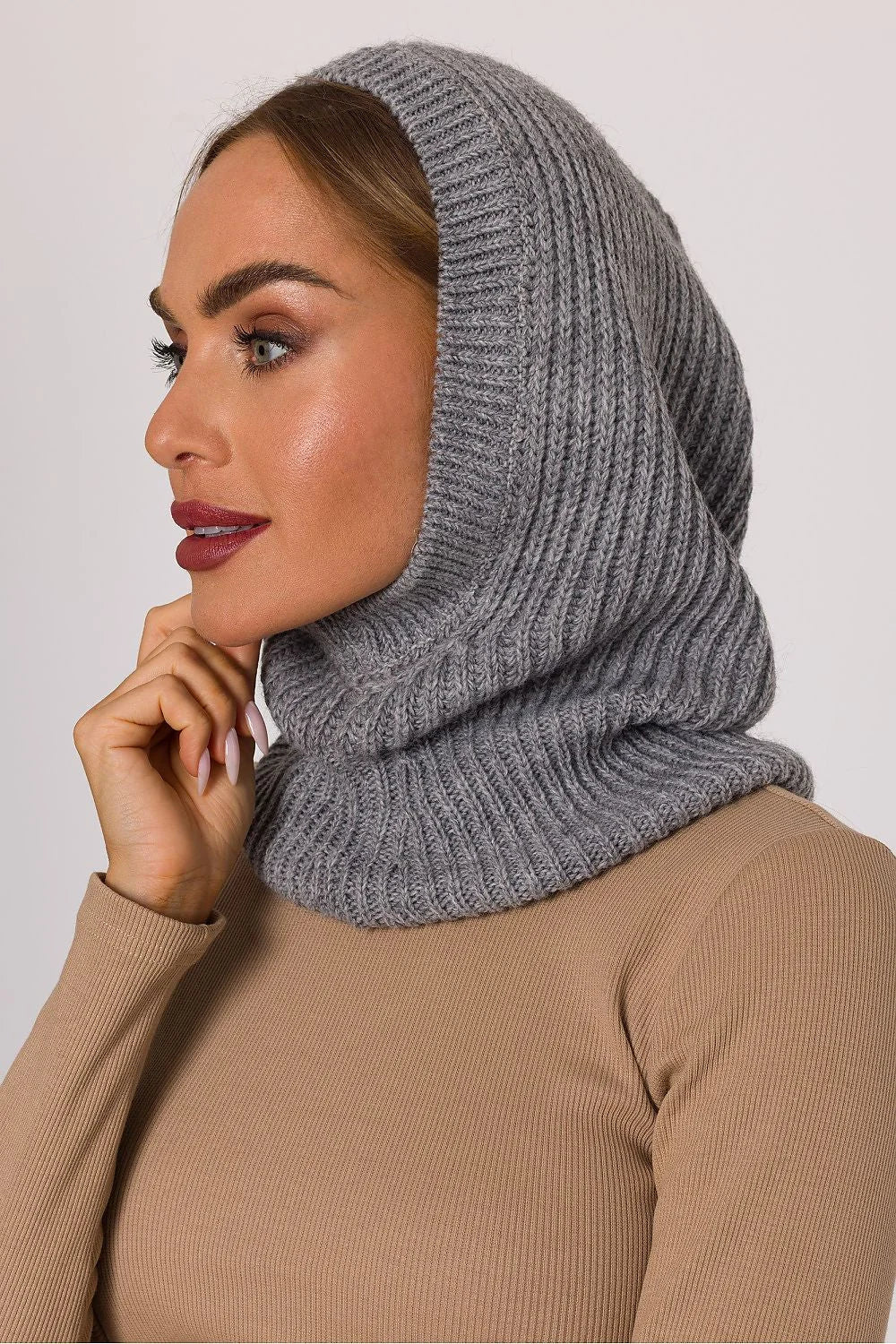 balaklava cagoule snood capuche maille côtelée gris chiné tubulaire chaud élégant tricot doux extensible ajusté couvrant nuque confort