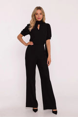 combinaison pantalon femme noire col montant fente poitrine manches ballon poignet plissé taille haute jambes larges fluides soirée bureau élégante