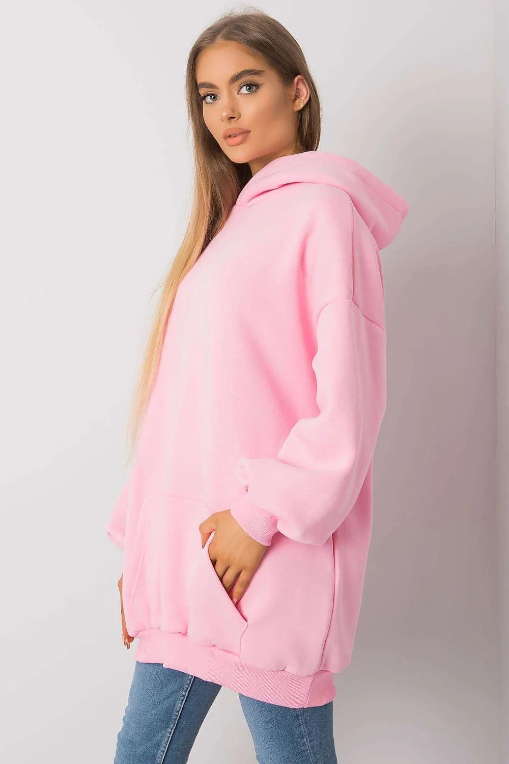 sweatshirt oversize femme blanc molleton doux coton élasthanne coupe ample mi cuisses capuche large manches longues poche kangourou