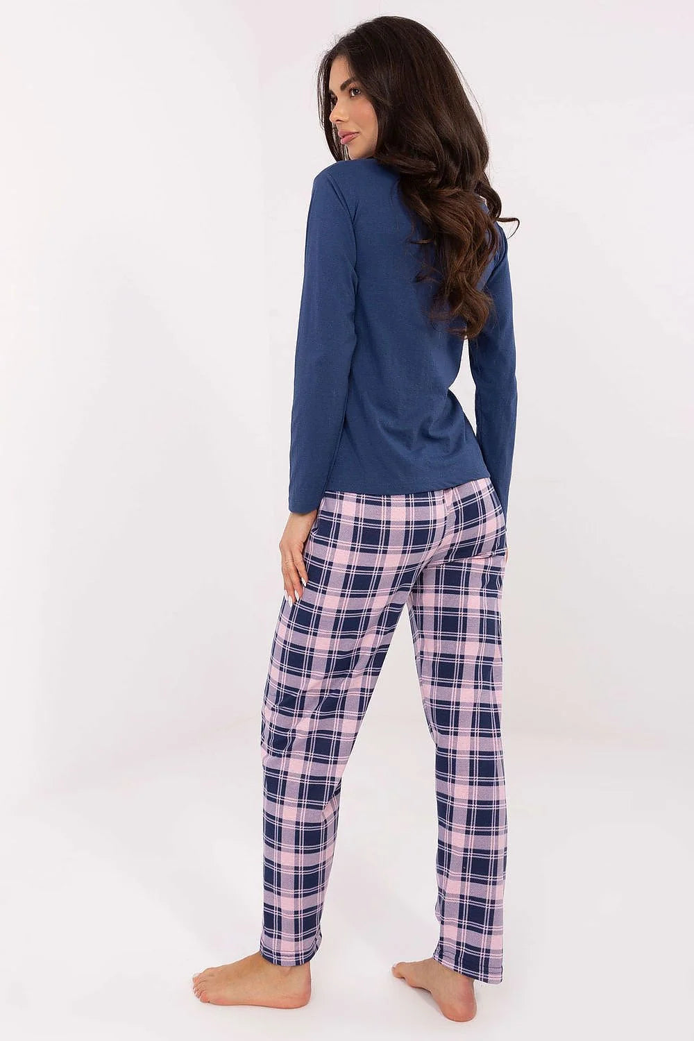 pyjama femme haut manches longues col rond pantalon droit carreaux rose marine flanelle chaude élastiquée coupe ample confortable