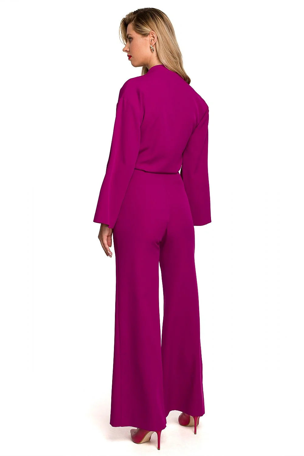 Combinaison Makover féminine élégante en polyester et élasthanne manches longues évasées encolure V croisée taille ajustable occasion spéciale