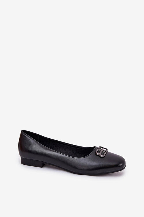 Ballerines élégantes pour femme en cuir noir tige lisse ornement métallique semelle douce confortable occasion quotidienne ou soirée