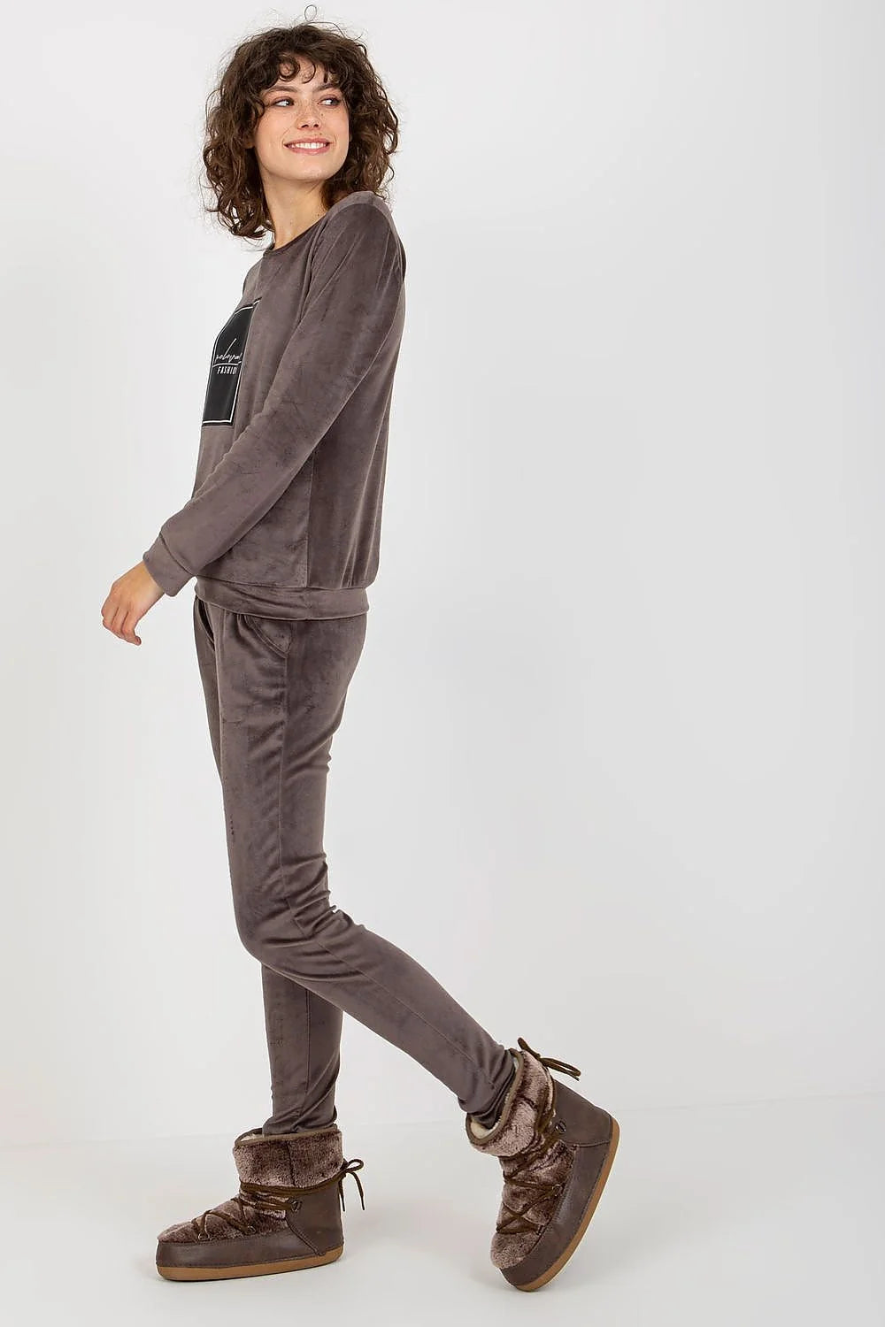 Ensemble femme Relevance velours gris clair sweat-shirt manches longues pantalon taille élastique mode décontractée