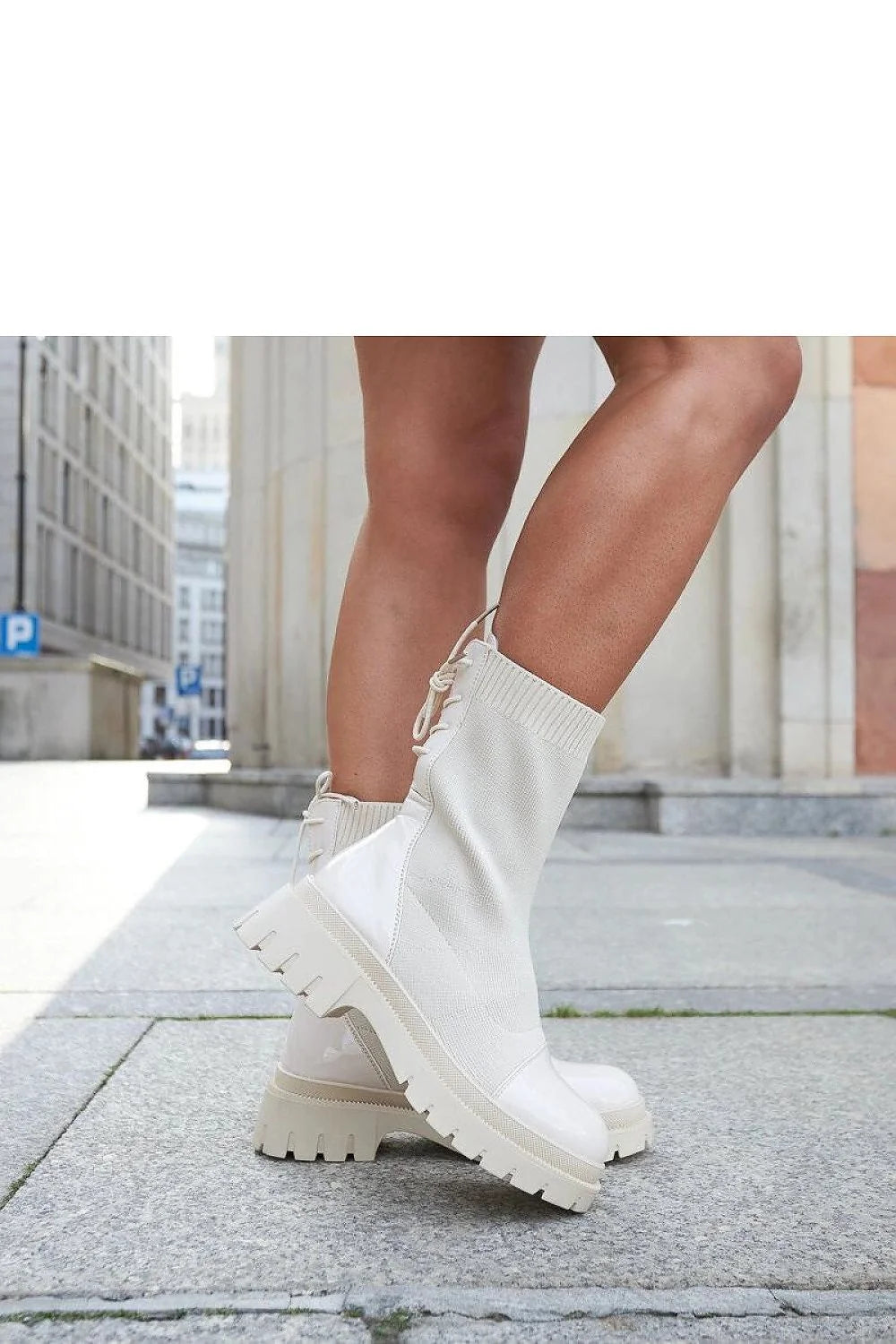 Bottines pour femmes modernes style combat haute cheville semelle épaisse couleur crème stretch confortable