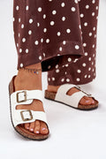 sandales femme mules deux brides réglables boucles carrées métalliques similicuir blanc semelle anatomique liège plateforme 3cm antidérapante caoutchouc