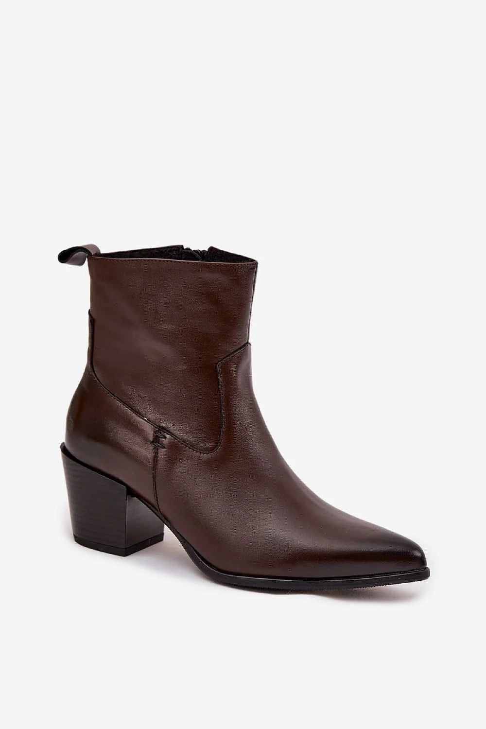 bottines western femme cuir naturel brun foncé bout pointu talon bloc moyen fermeture éclair doublure chaude confortables élégantes