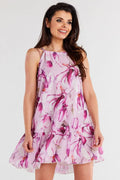 Robe de jour élégante en mousseline floral rose et blanc, bretelles fines, coupe trapèze, longueur au-dessus du genou, occasion estivale, femme