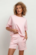 Tenue Élégante Casual Femme Ensemble Haut Court et Short Mi-Cuisse Rose Pâle