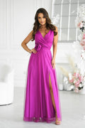 Robe longue élégante fuchsia sans manches fente floral soirée femme mode taille ajustable matériel soyeux