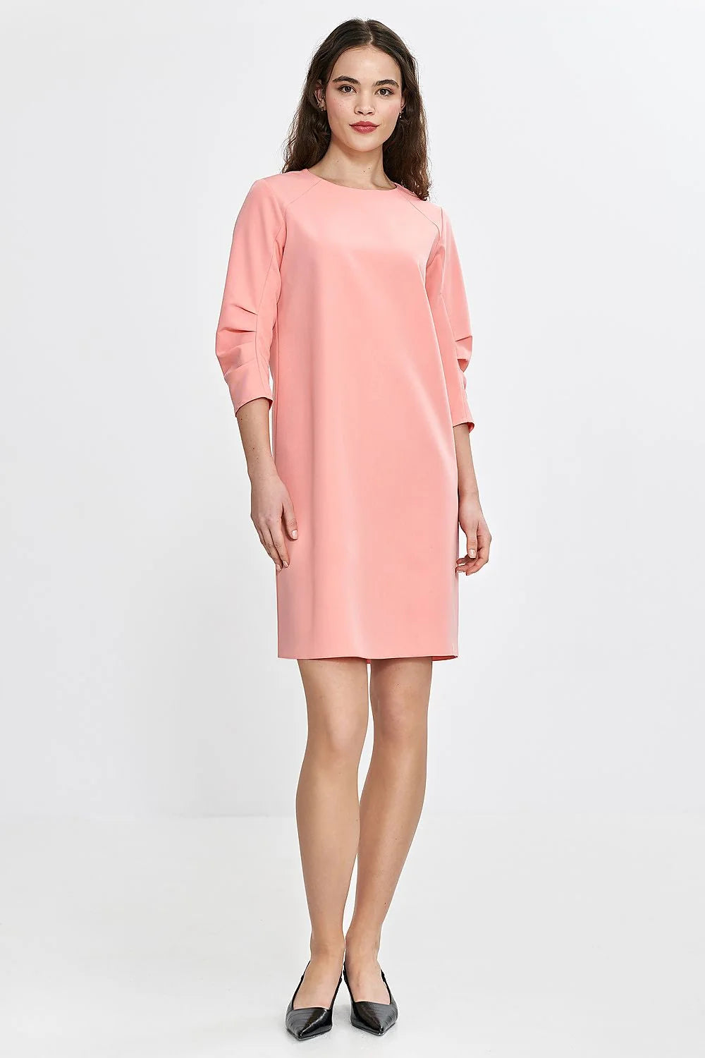 Robe de jour élégante A-line manches 3/4 encolure ronde rose saumon confortable polyvalente femme elasthane 2