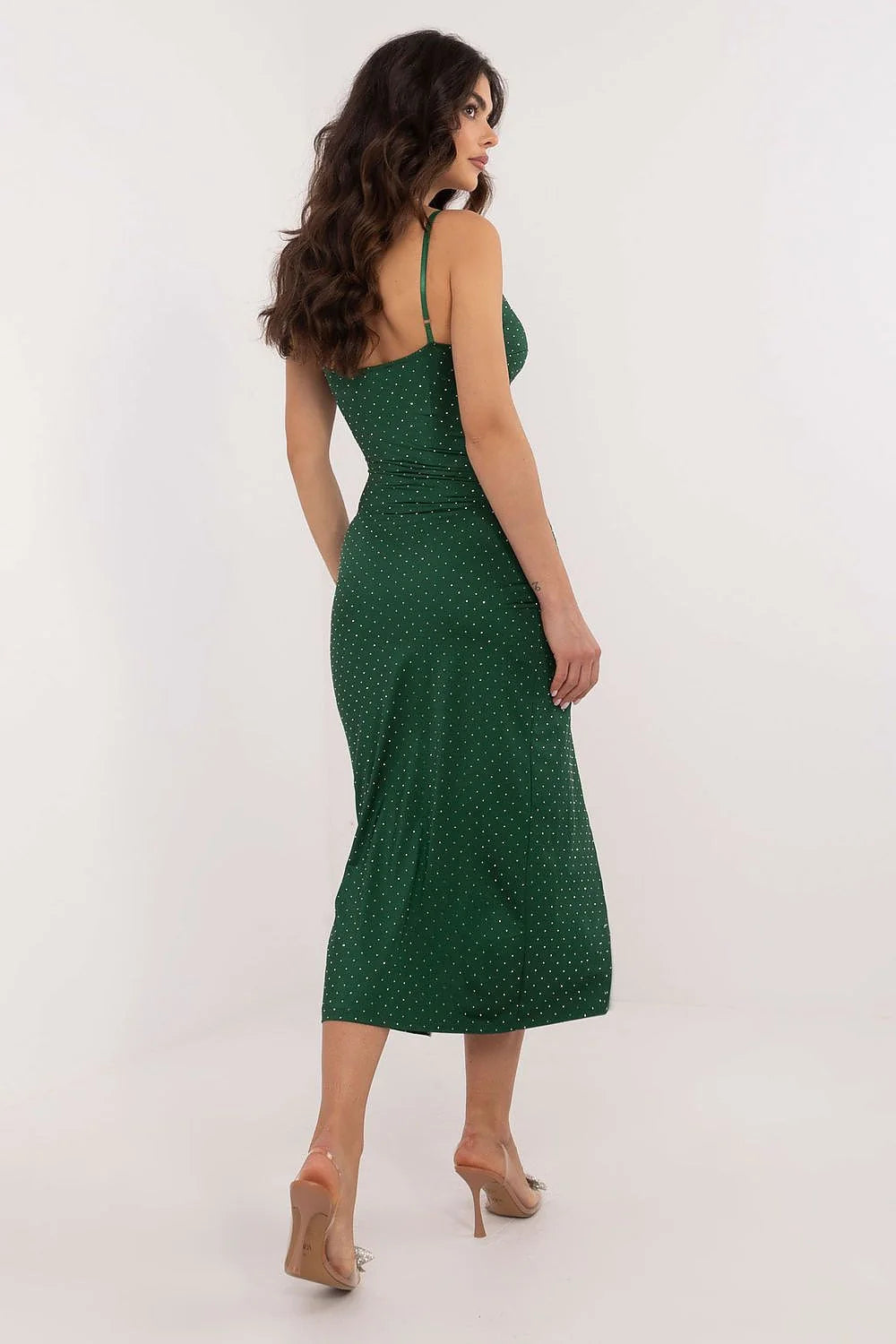 Robe de soirée élégante en vert avec motif blanc, encolure en V, bretelles spaghetti, coupe ajustée, jupe asymétrique, occasion spéciale, femme