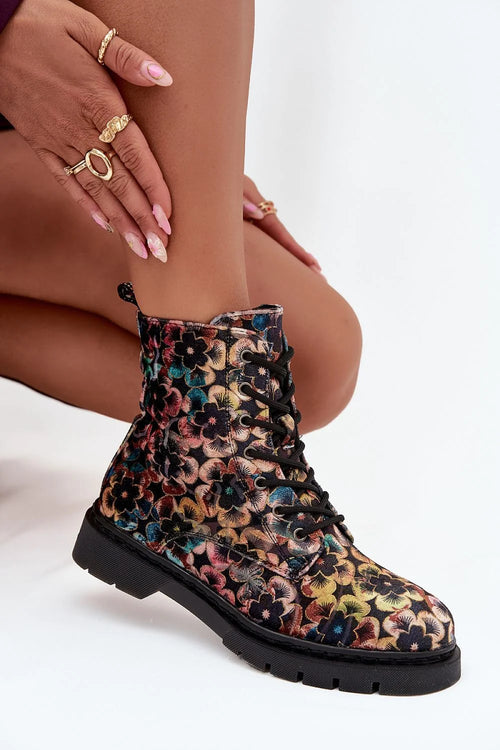 Artiker bottines femme montantes velours brodé floral multicolore lacets œillets métal fermeture éclair latérale doublure chaude semelle crantée caoutchouc adhérence