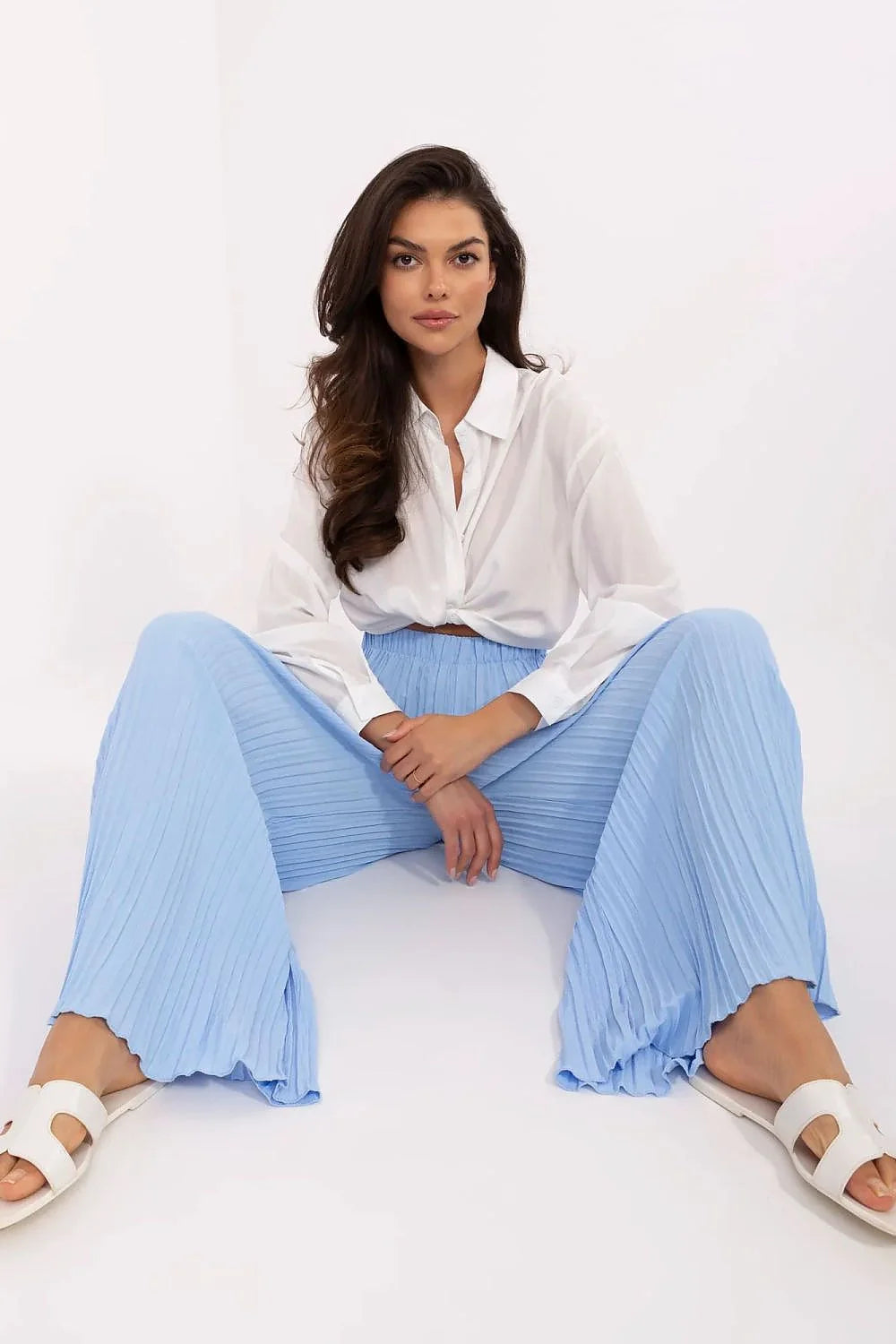 Ensemble femme chemisier blanc pantalon bleu palazzo plissé elastique manches longues col classique coton polyester printemps été