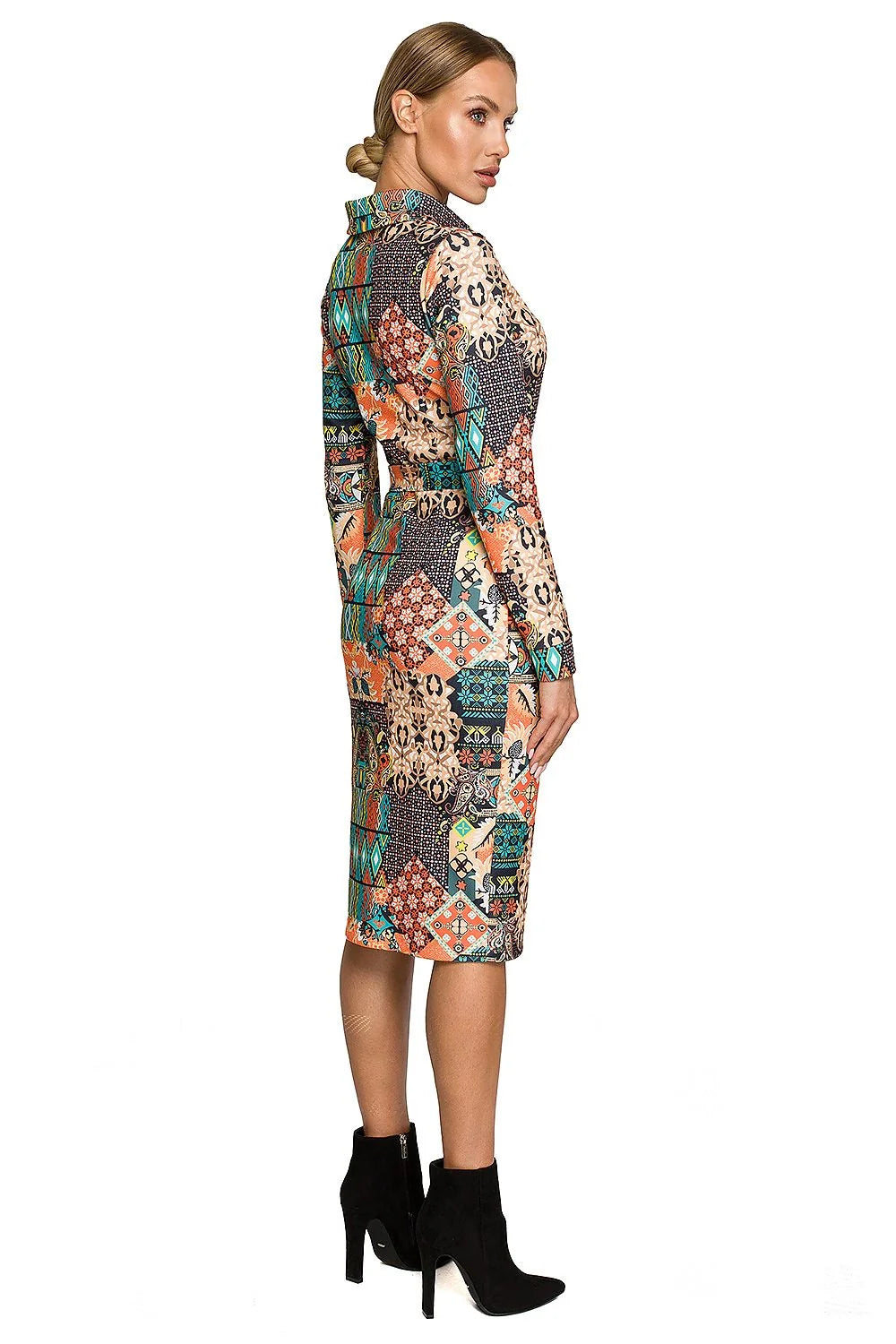 Robe de jour élégante mixte patchwork géométrique floral motifs colorés manches longues col boutonné ajustable polyester elasthanne femmes