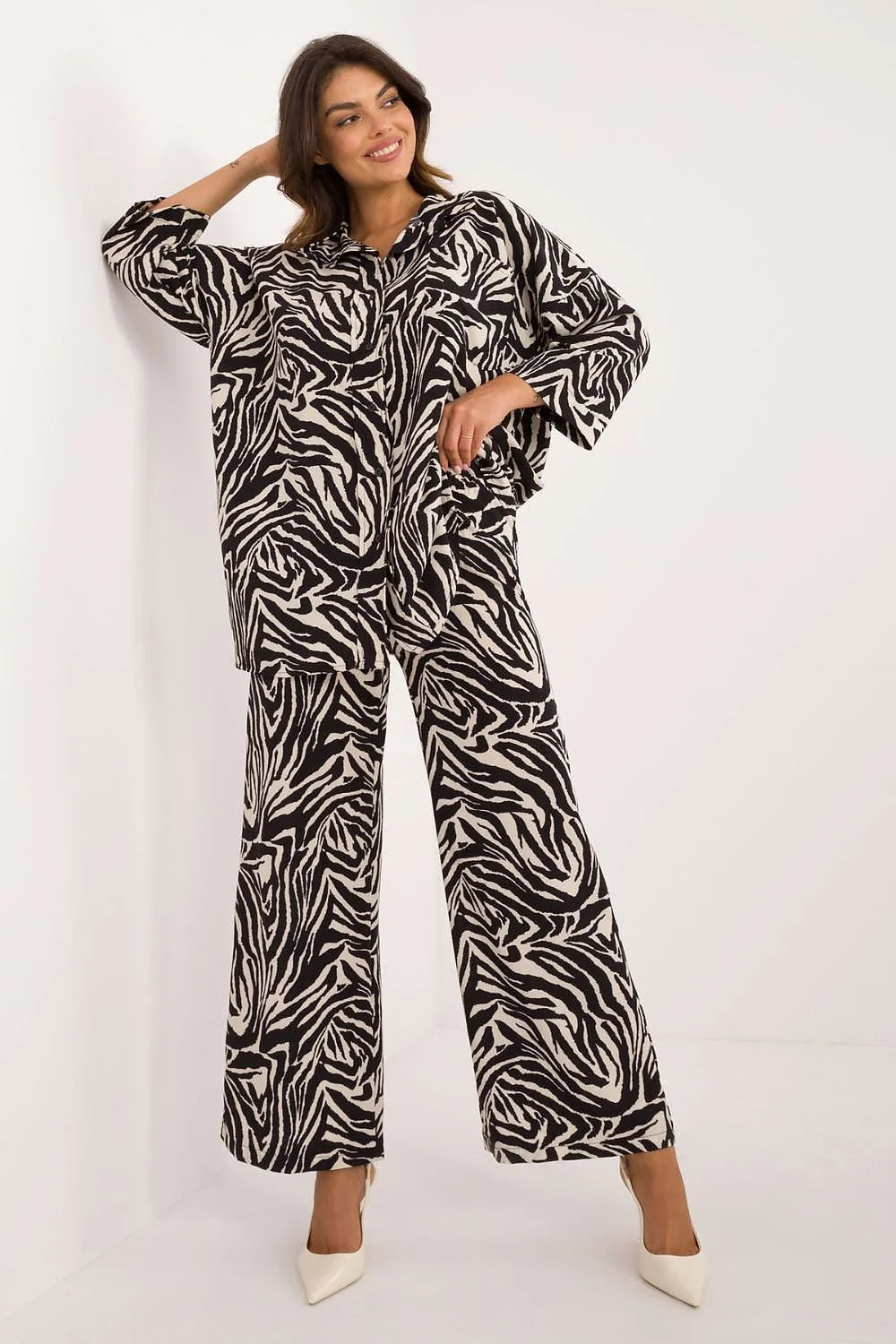 Ensemble femme Italy Moda imprimé zébré noir et blanc coupe large manches longues pantalon taille élastique confortable