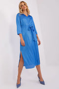 Robe de jour Lakerta mi-longue manches 3/4 col V ceinture fente latérale tissu côtelé bleu vif femme