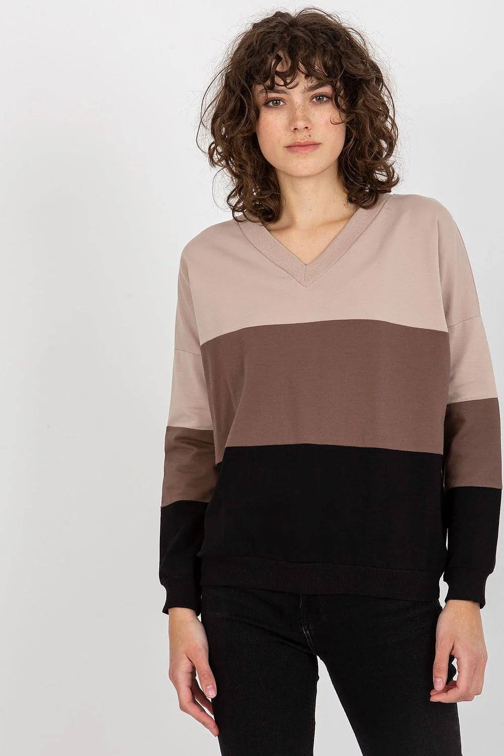 Sweatshirt femme Rue Paris manches longues en V blocs de couleur coton élasthanne confortable taille S M L XL