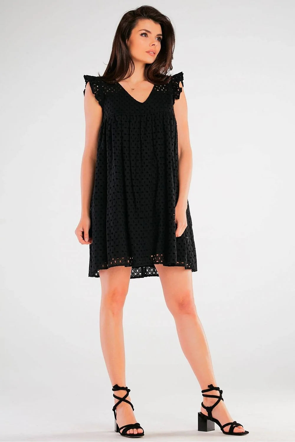 Robe de jour élégante sans manches en coton 100% avec volants sur les épaules taille ajustable robe noire pour femme