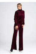 Ensemble survêtement velours bordeaux femme haut col montant pantalon taille haute coupe ajustée manches longues