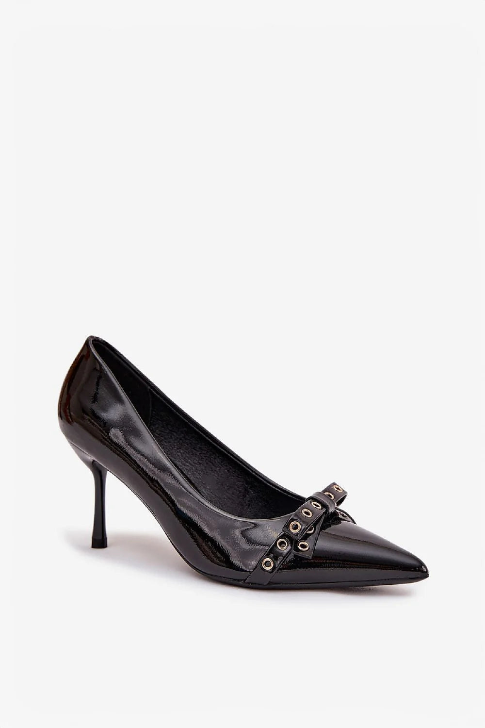 escarpins noirs vernis talons aiguilles 8cm bout pointu nœud plat œillets dorés silhouette affinée élégante sophistiquée soirée bureau féminine