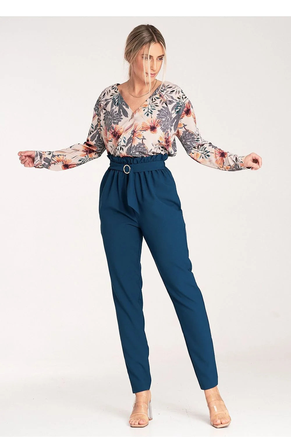 Pantalon femme élégant moderne coupe carotte taille haute ceinture dorée polyester tailles XS S M L XL