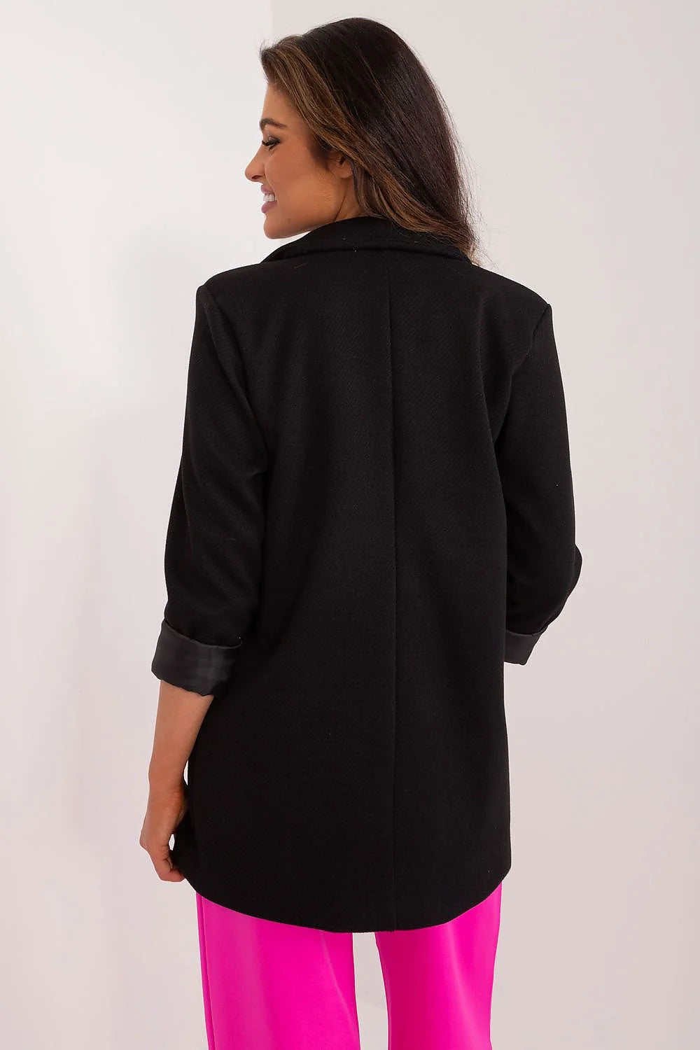 Veste élégante pour femme coupure droite col à revers bouton métal argenté tissu texturé polyester de qualité noir doublure satinée gris anthracite pour occasions formelles et quotidiennes