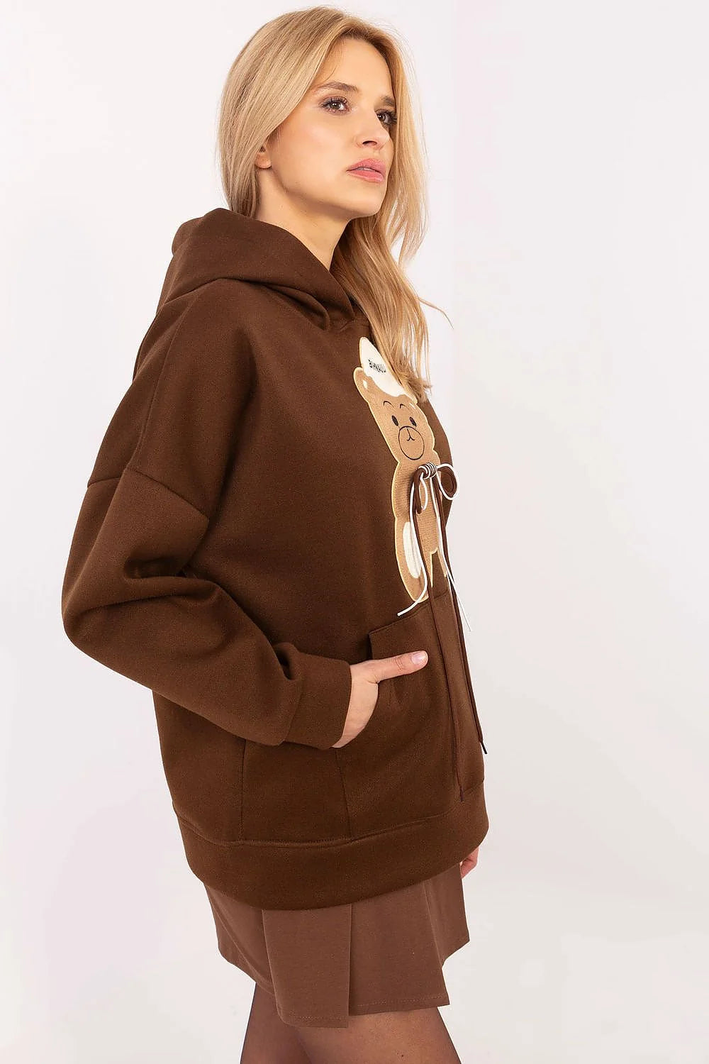 Sweatshirt femme style décontracté design ours en peluche capuche kangourou poche longues manches coton doux automne hiver