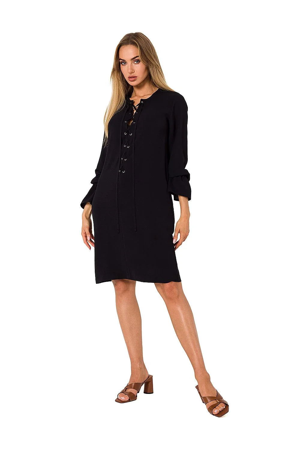 robe jour Moe femme décontracté chic manches longues évasées col lacé oeillets cordons ceinture ajustable maille souple fluide marron