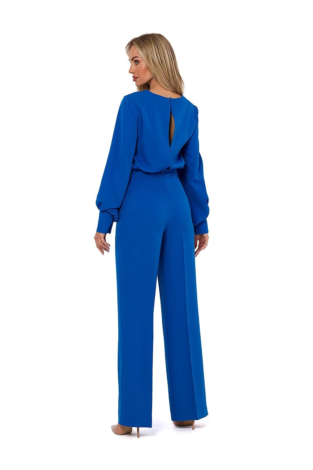 combinaison femme bleu vif manches bouffantes longues poignets ajustés taille haute cintrée jambes larges fluides coupe structurée élégante polyvalente
