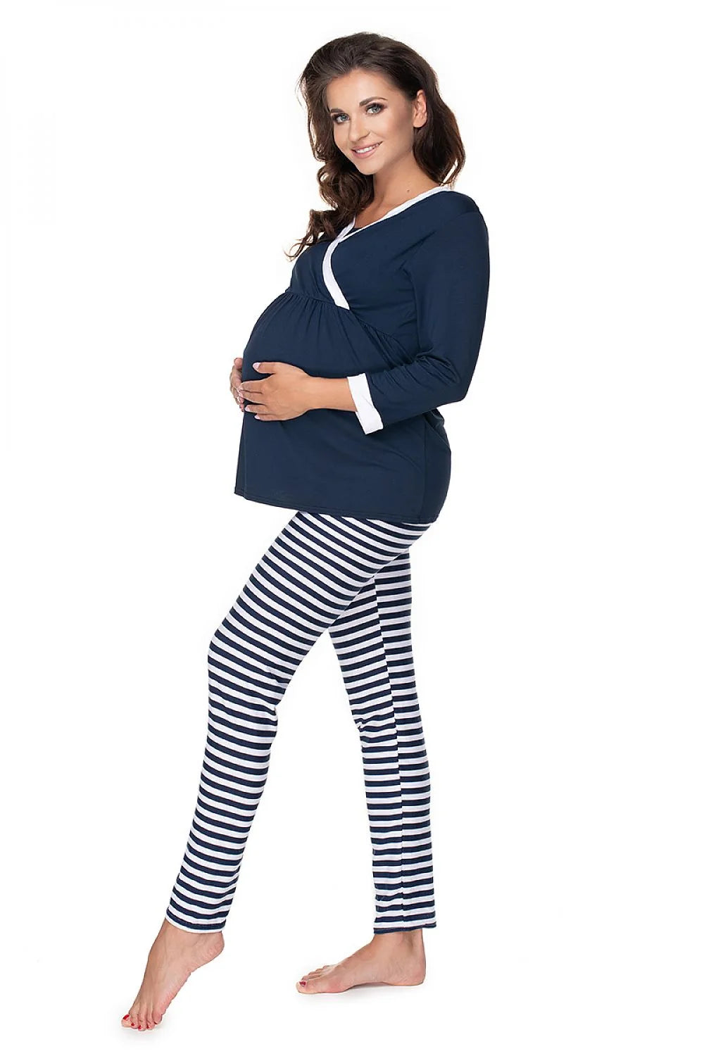 pyjama maternité PeeKaBoo cachecoeur allaitement manches longues bordures blanches pantalon slim rayures marines coupe empire froncée jersey extensible respirant confort