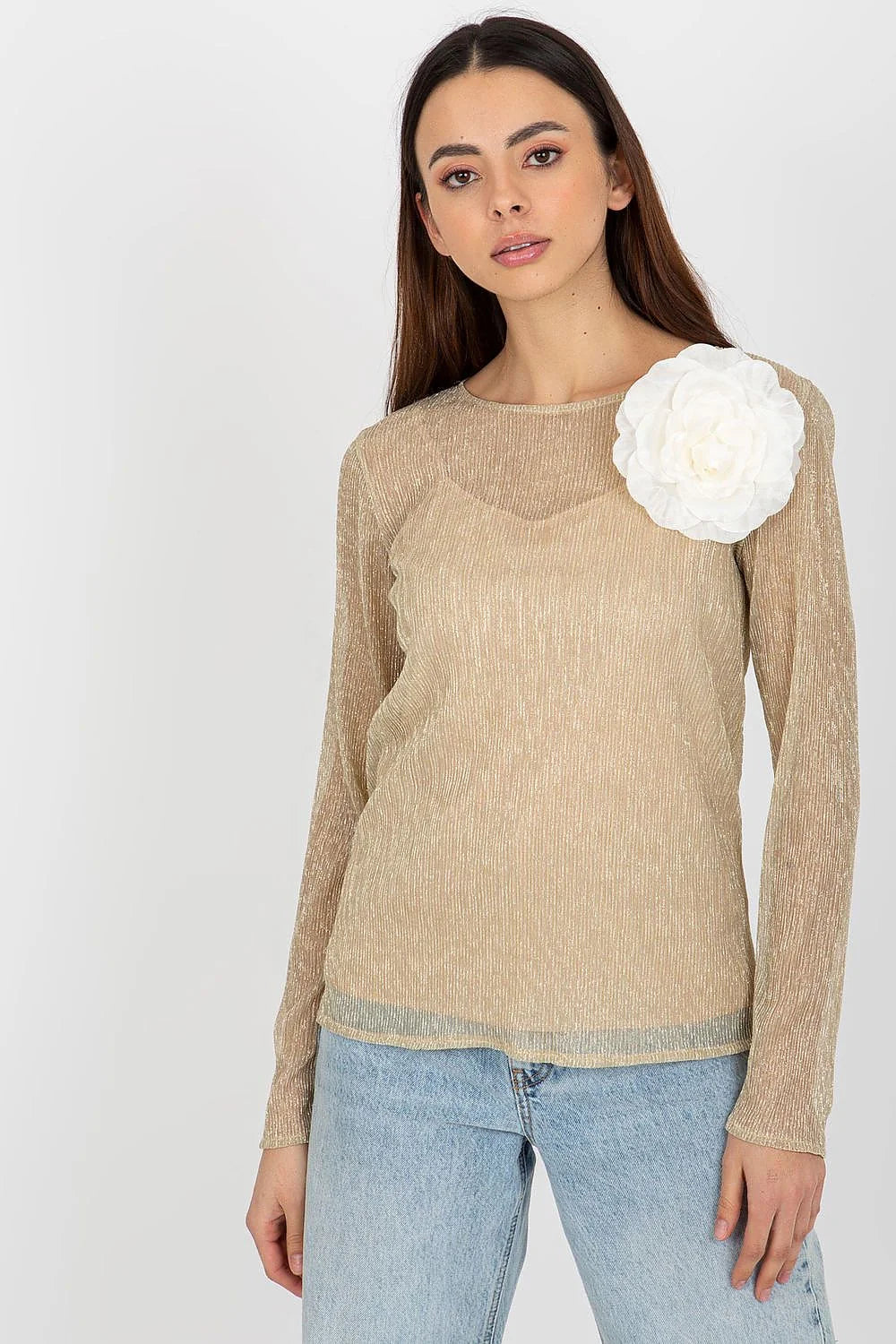 Chemisier Lakerta élégant pour femme en polyester 100% manches longues encolure ronde fleur décorative