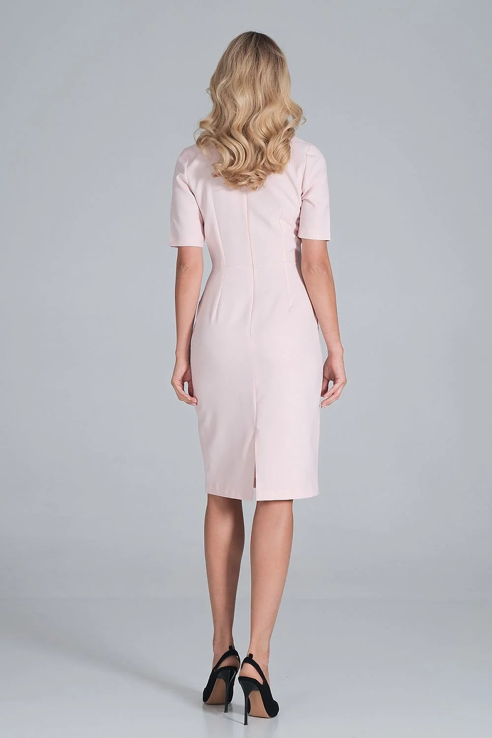 Robe élégante bleu marine polyester manches courtes col V ajustée professionnelle femme mode chic