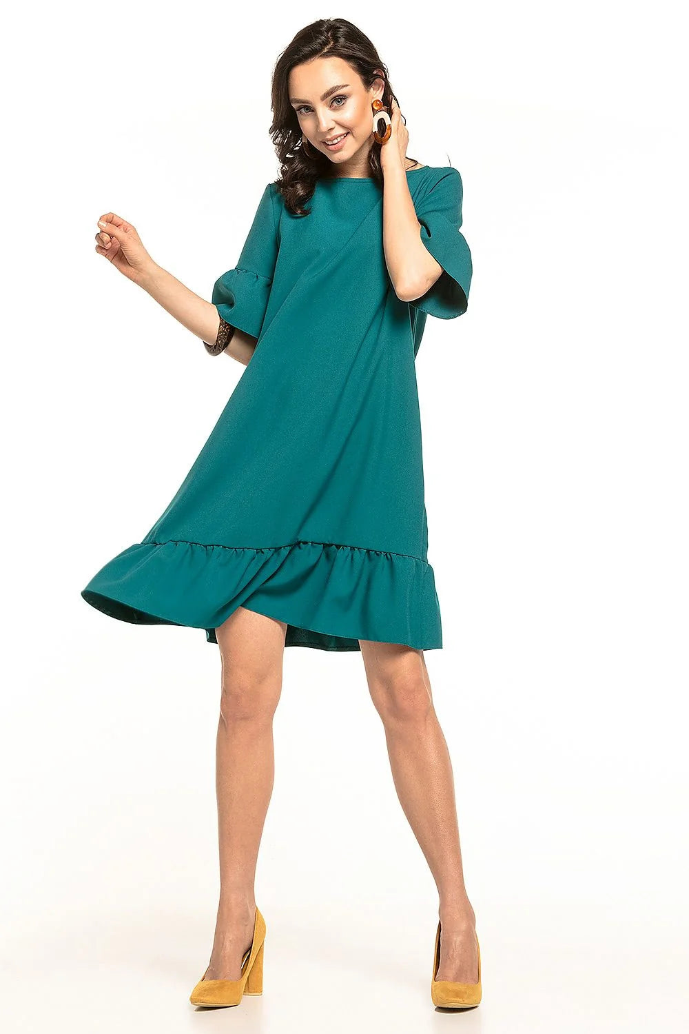 robe Tessita polyester élasthanne élégante bleu clair coupe trapèze courte col rond nœud manches volants ourlet froncé fluide confortable estivale