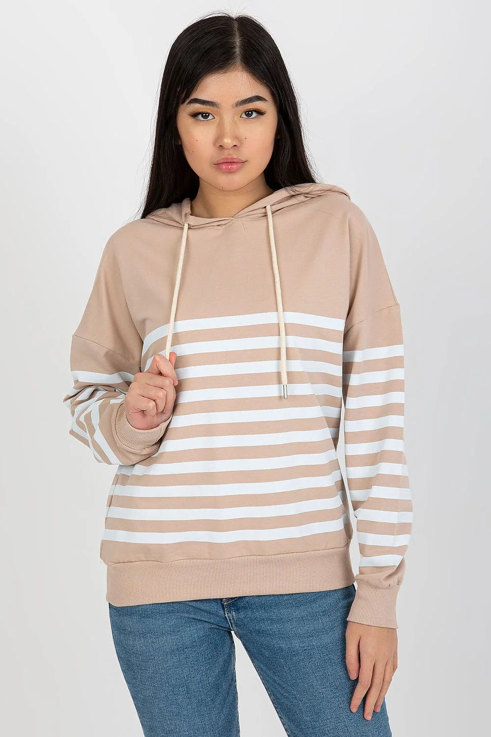 Sweatshirt Rue Paris pour femme manches longues capuche style décontracté motif rayé coton 95% elasthanne 5% Taille S M L