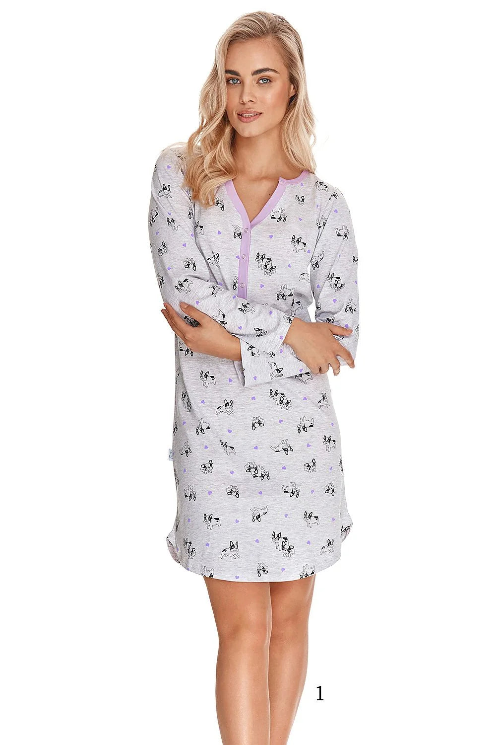 Chemise de nuit Taro pour femme, design décontracté, longues manches, encolure en V contrastée, coton 100%, confort optimal, style élégant, idéal pour nuits douillettes