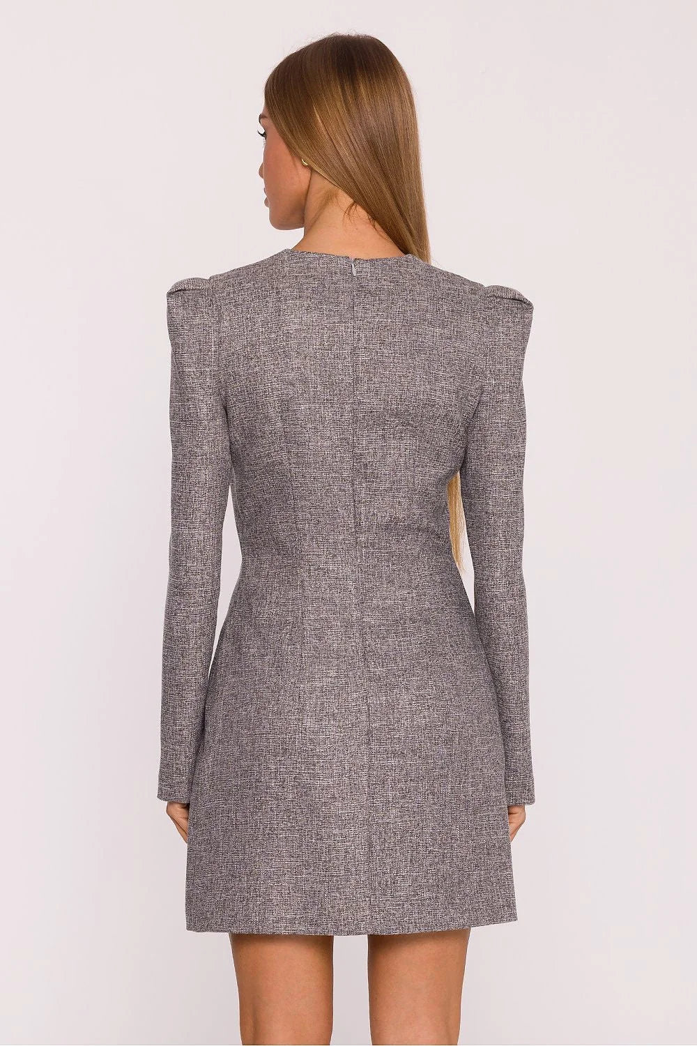 robe tweed chiné gris mini décolleté manches longues épaules bouffantes taille marquée fermeture invisible nœud chiffon pendentif bijou élégant