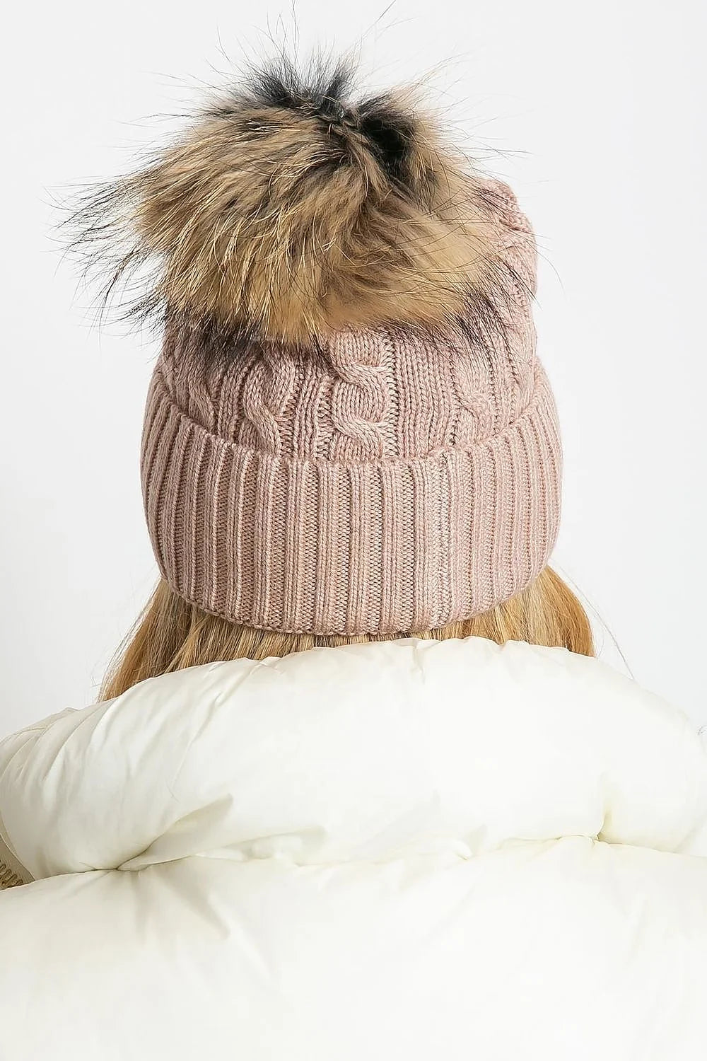 bonnet tricoté femme torsadé côtelé doux chaud coton cachemire acrylique pompon fausse fourrure rose poudré brun noir ajusté élégant cosy