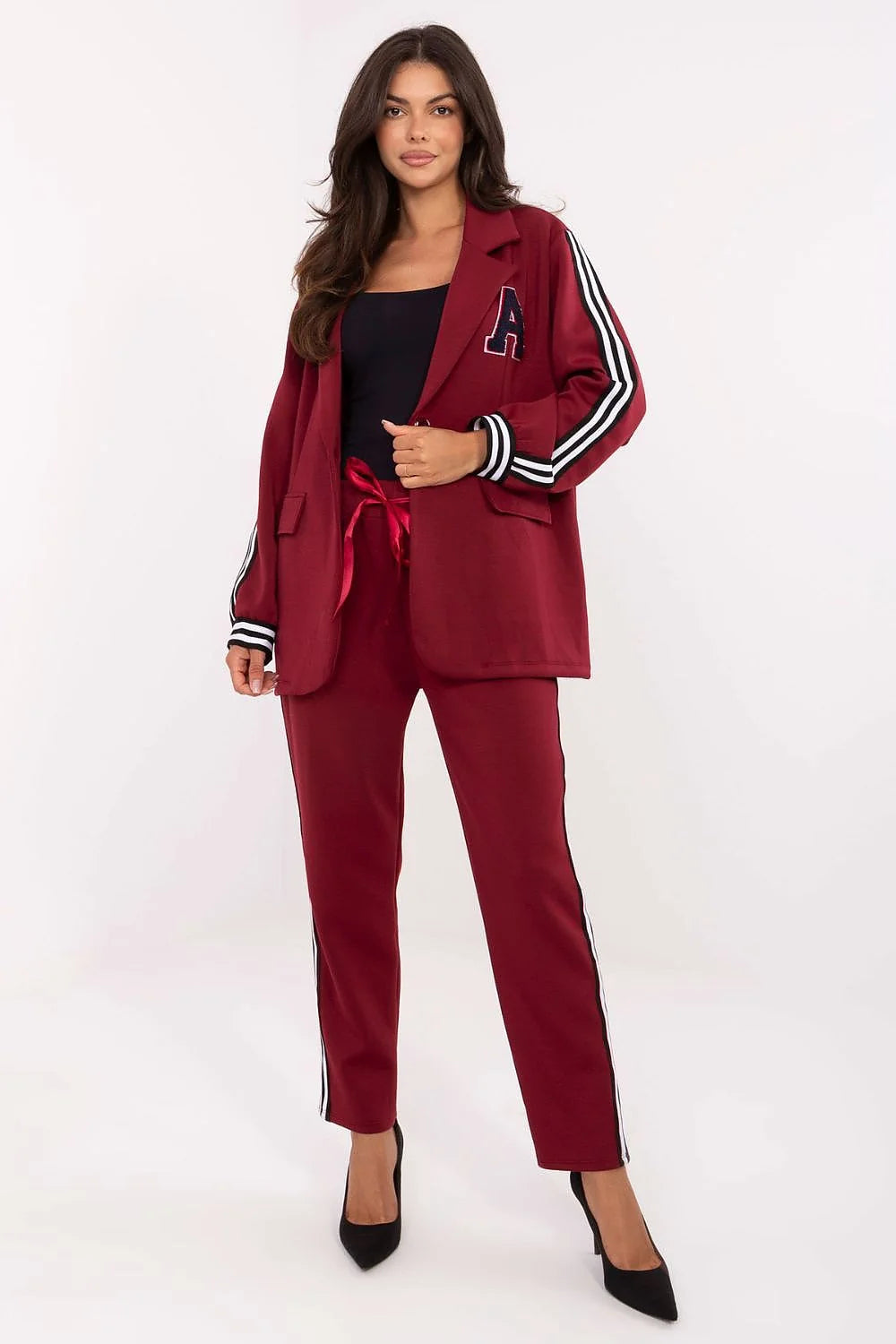 ensemble jogging femme bordeaux sweat oversize manches longues molletonné doux confortable galons bandes contrastées pantalon taille haute poches latérales