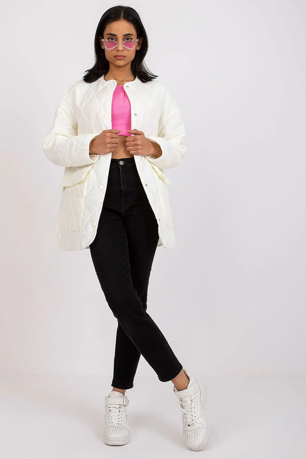Veste matelassée pour femmes couleur rose pastel oversized manches longues fermeture à boutons-pression polyester 100 %