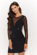 robe mini moulante noire bodycon jersey stretch manches mesh longues transparent décolleté illusion taille cintrée fronces ornement doré