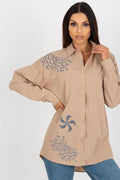 chemise femme manches longues ample oversize tunique col classique beige sable tissu léger fluide coton polyester mélange brodée épaule étoile