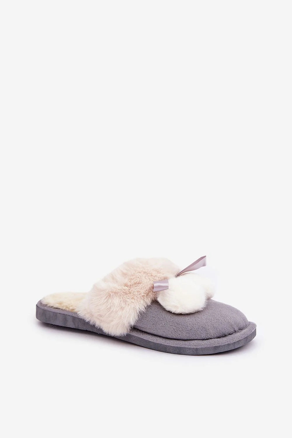 Pantoufles féminines confortables en fausse fourrure, style élégant, semelle épaisse, couleurs grises et beige, intérieur douillet, idéal pour la maison