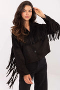 veste courte femme suédine noire mate coupe boxy col chemise boutonnée franges longues décoratives manches poitrine côtés bohème rock stretch
