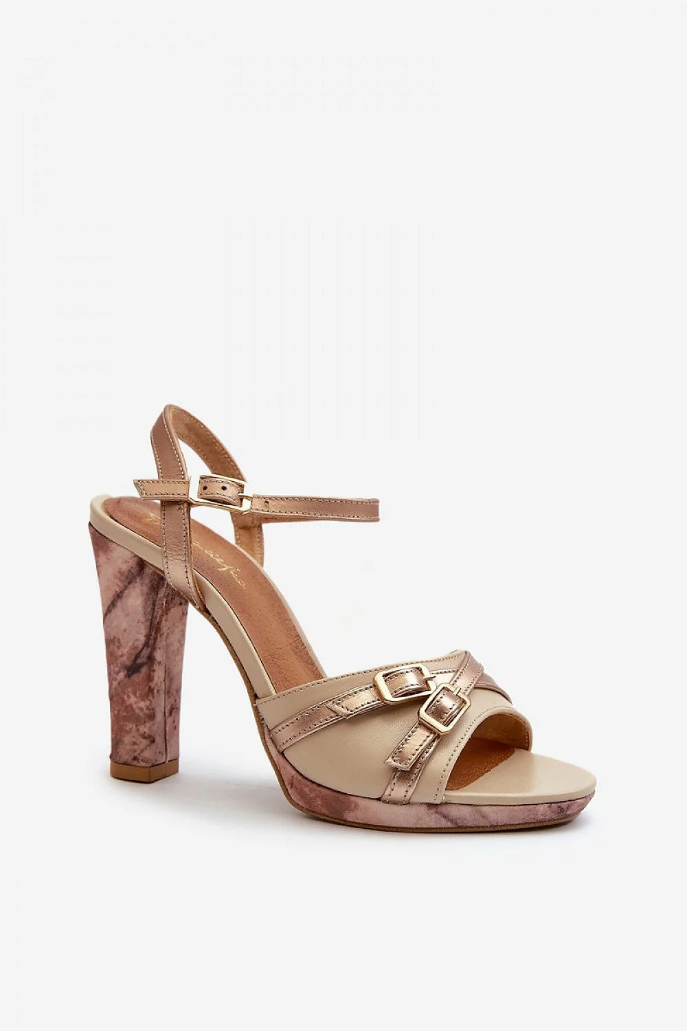 sandales talons stiletto Maciejka cuir naturel beige brides multiples boucles dorées cheville rembourré semelle marbrée plateforme élégantes