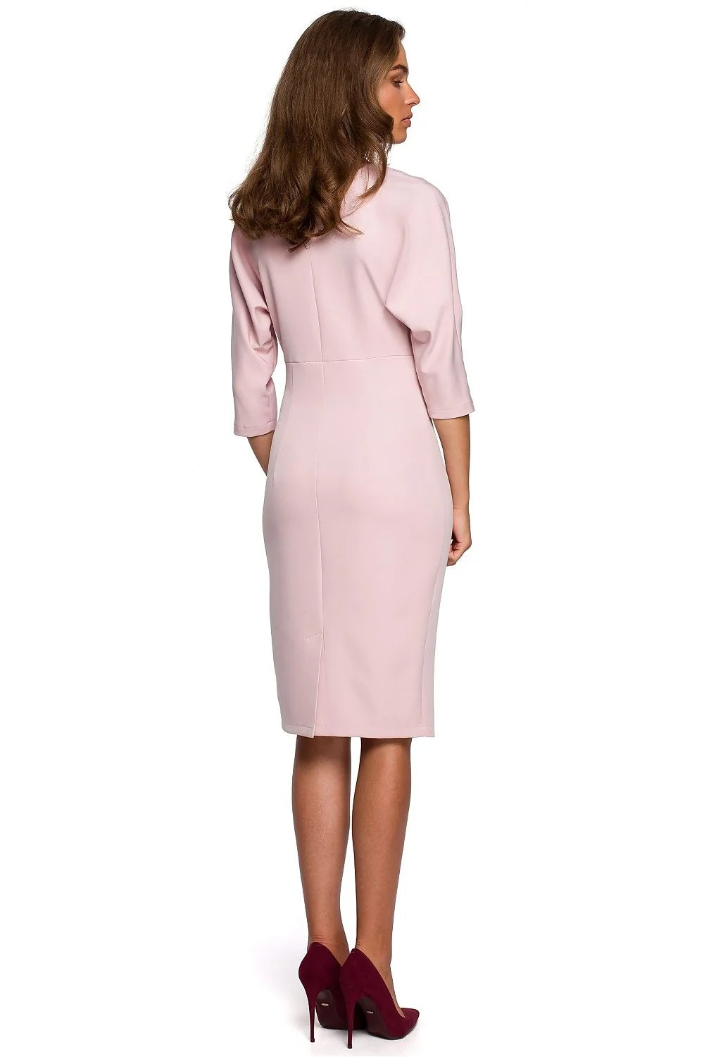 robe élégante ajustée manches trois quarts col rond cintrée taille marquée jupe droite midi rouge vif polyester élasthanne stretch polyvalente