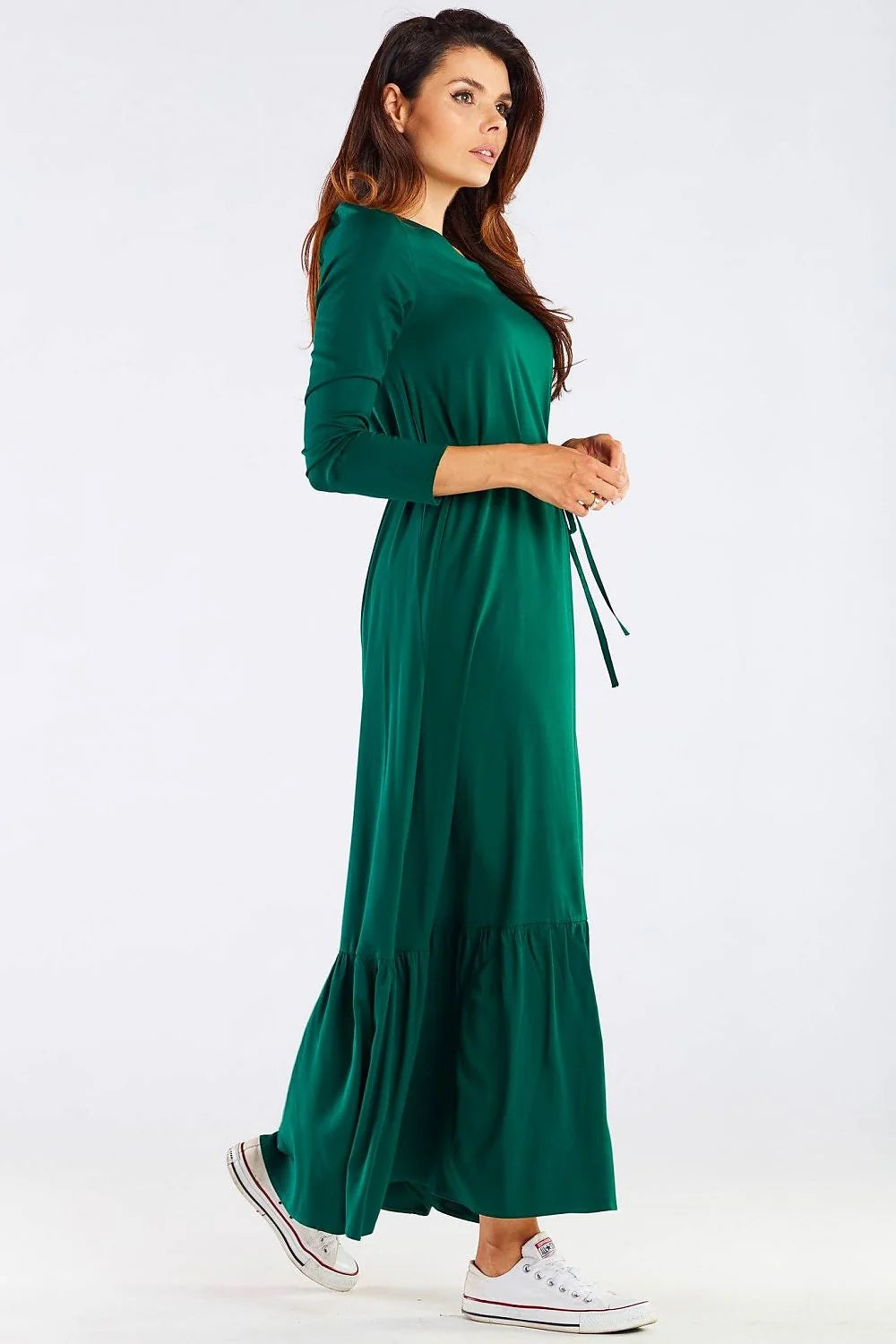 Robe longue viscose framboise élégante manches longues ceinture ajustable fluide décontractée soirée féminine moderne
