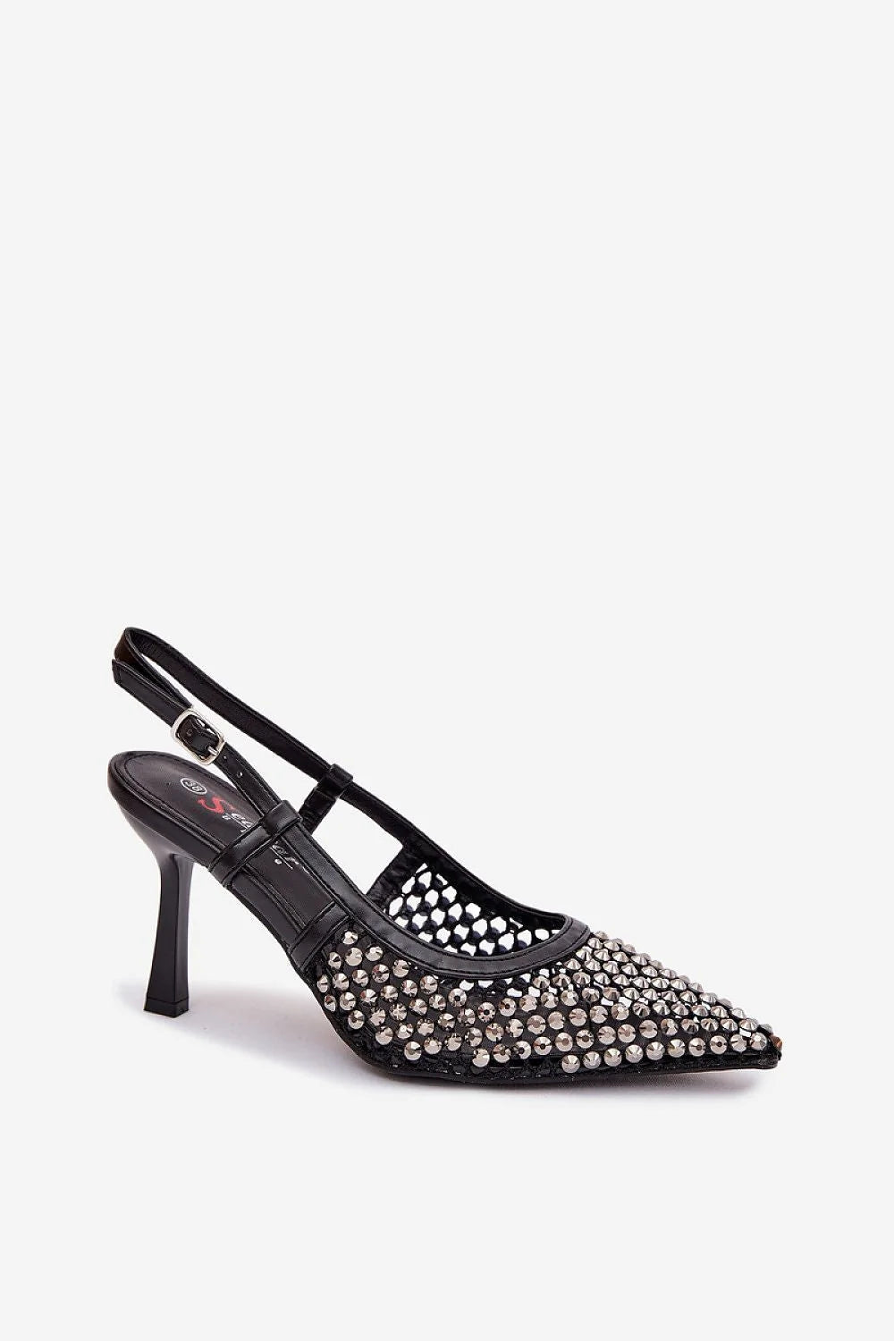 escarpins slingback femme talon découvert effilé mihaut bout pointu tulle mesh transparent strass clous argentés bride réglable boucle cuir synthétique