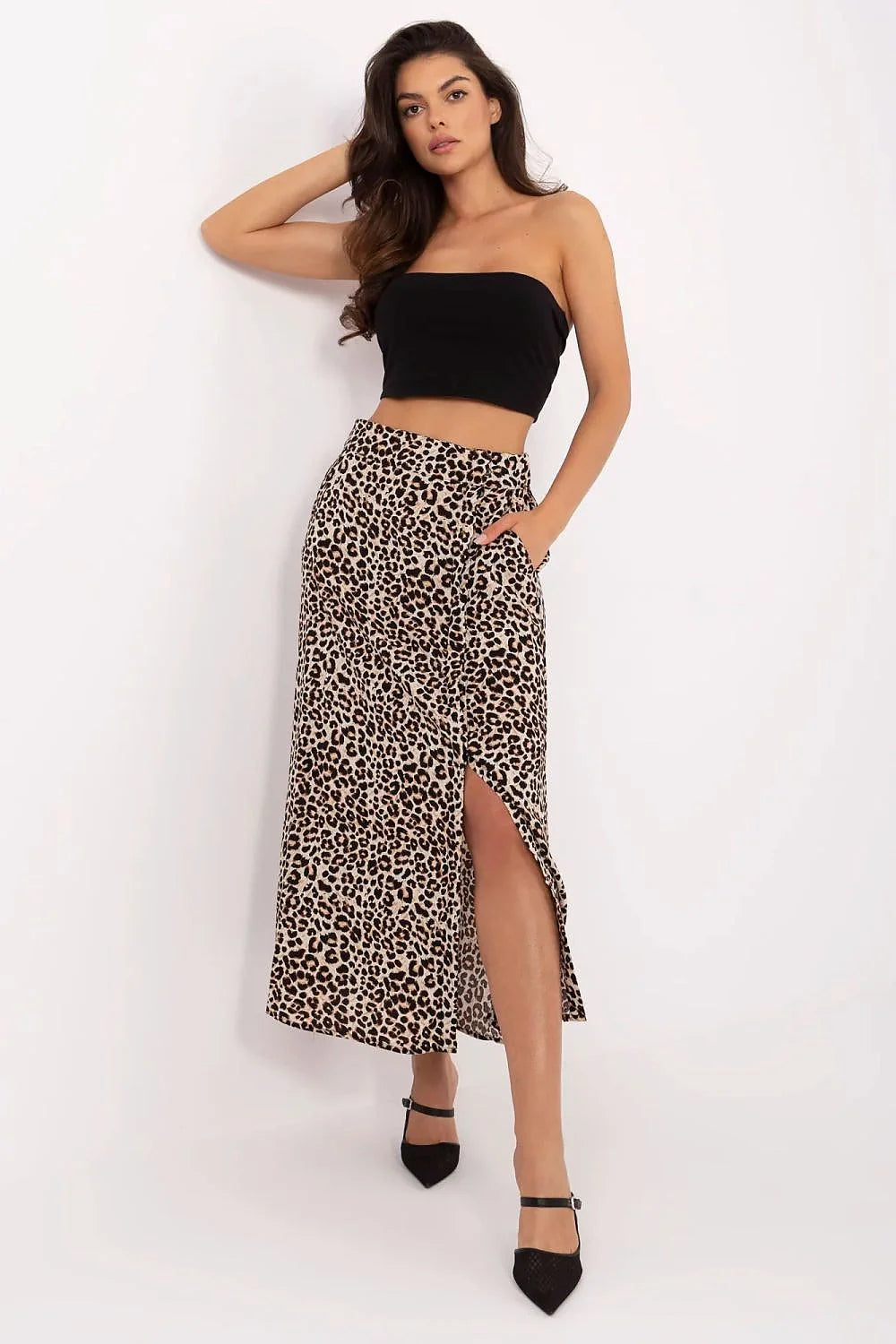 jupe longue imprimé léopard beige noir taille haute fluide évasée fente latérale poches latérales polyester légère élégante sensuelle chic