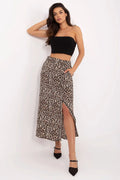 jupe longue imprimé léopard beige noir taille haute fluide évasée fente latérale poches latérales polyester légère élégante sensuelle chic