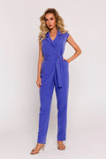 combinaison femme sans manches bleu électrique cobalt tailleur polyester fluide tombé structuré col revers décolleté V taille cintrée